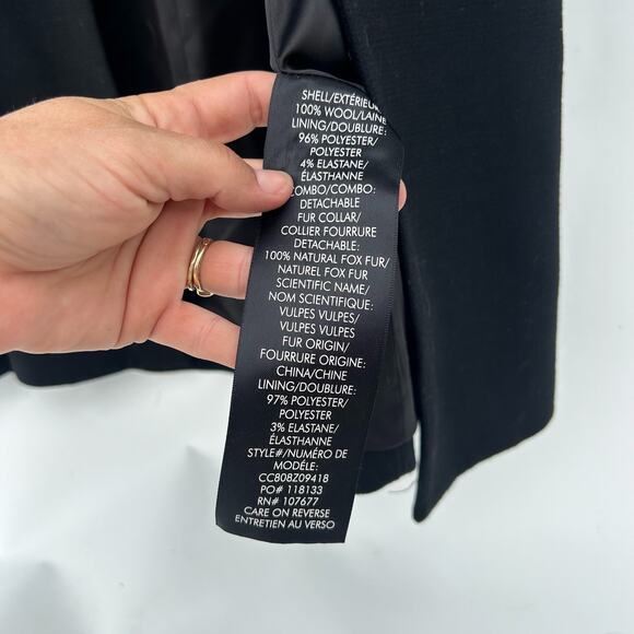 Alice + Olivia Fox Fur Mob Wife Long Wool Trench Coat Jacket Button Medium Black - Picture 10 of 13